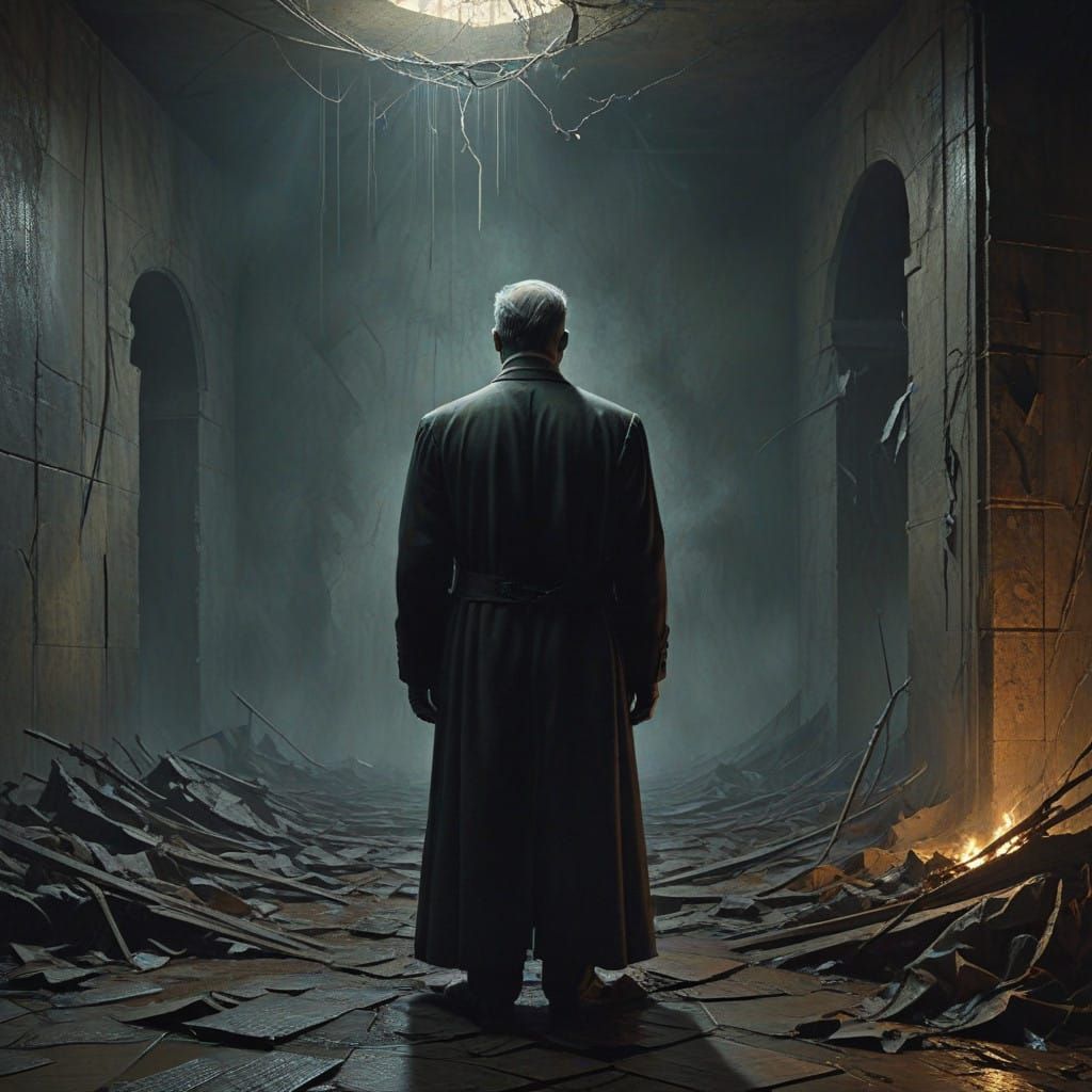 Foreboding Politician Surrounded by Corruption