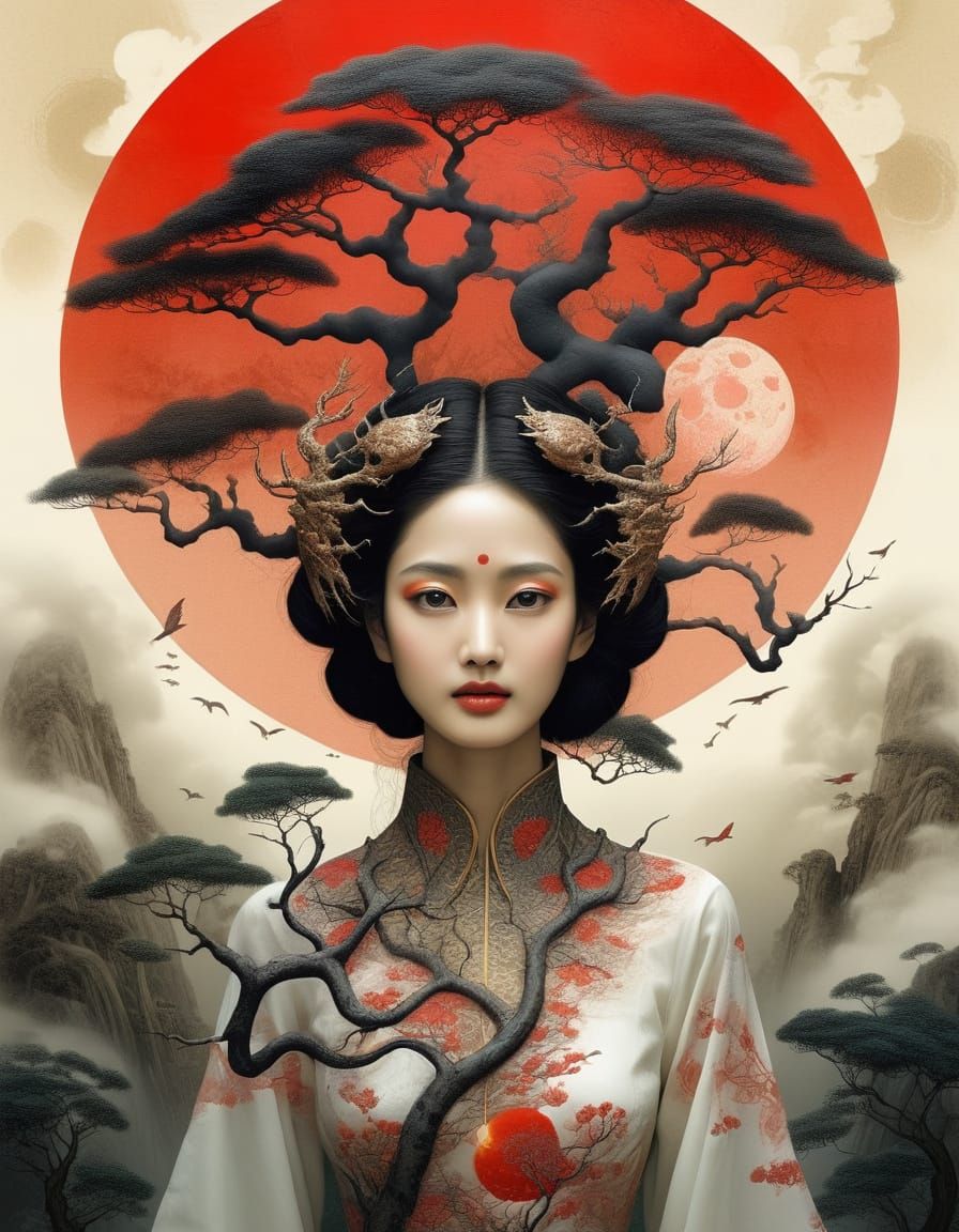 Otherworldly Beings & Old Tree in Ink Style