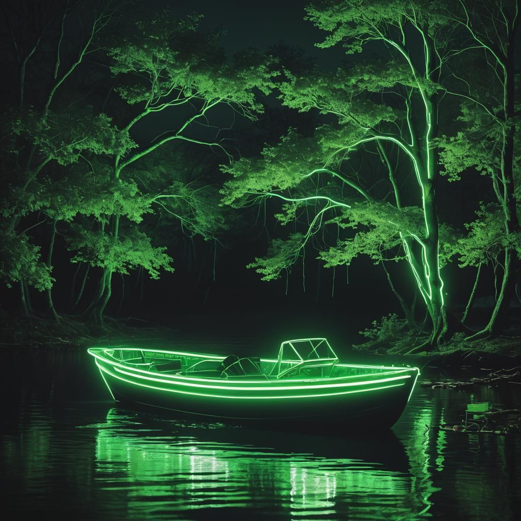 Surrealistic Neon Boat on Dark Lake at Night