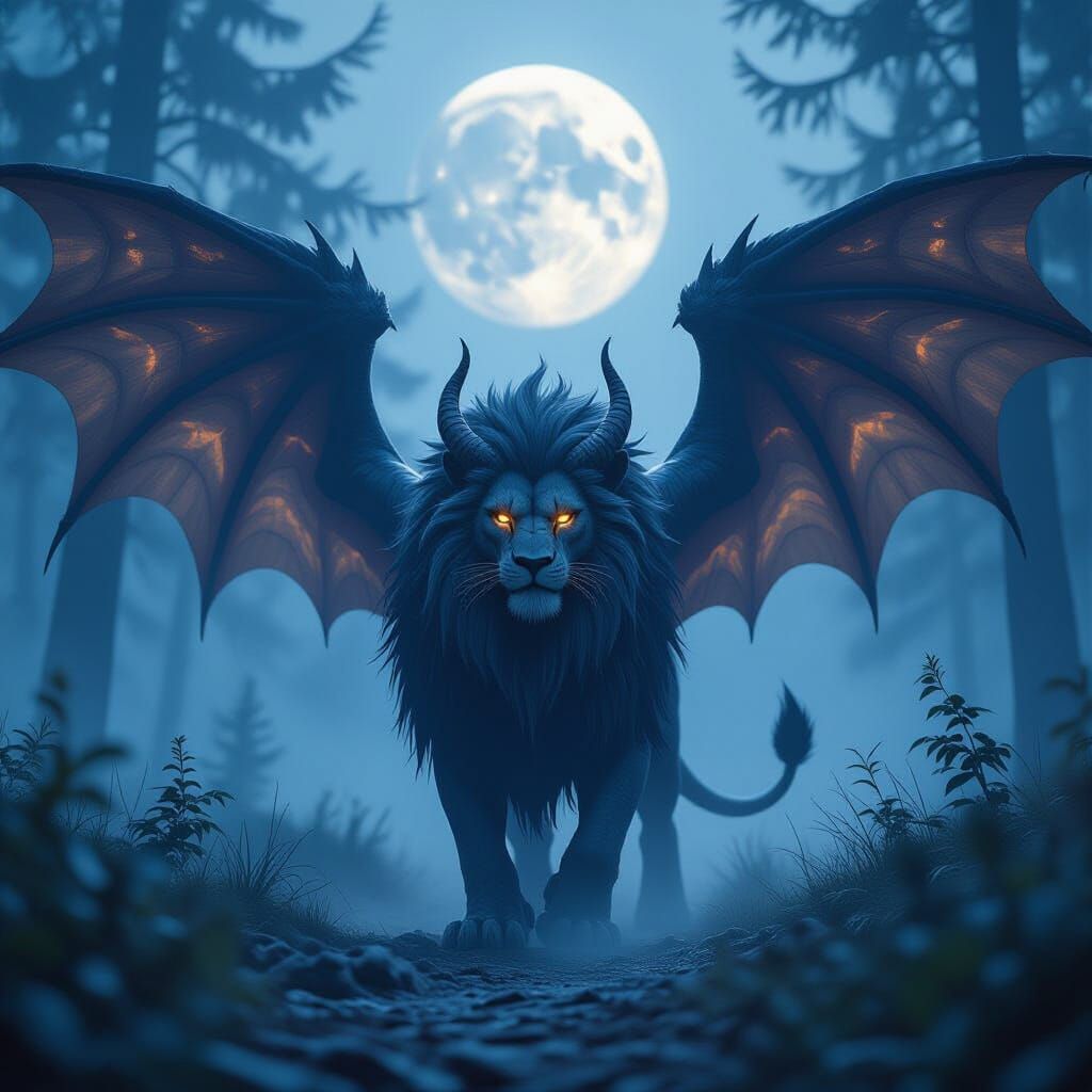 Winged Lion in Foggy Forest Night, Digital Art