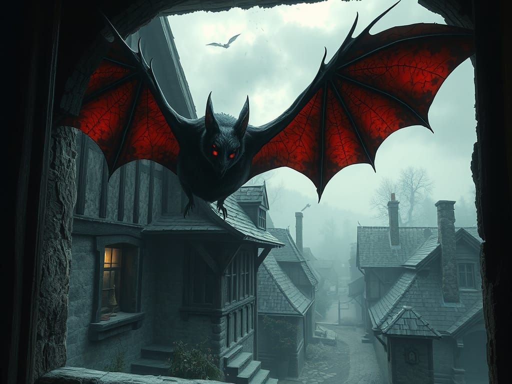 Sinister Vampire Bat Watches Over Medieval Village