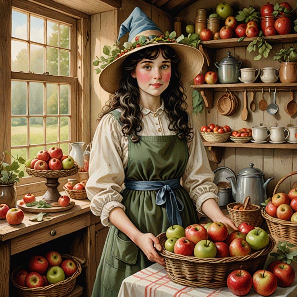 Sage Green Kitchen Witch Prepares Apple Delights