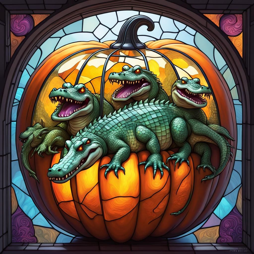 little crocodile Gang carved inside a transparent stained glass pumpkin