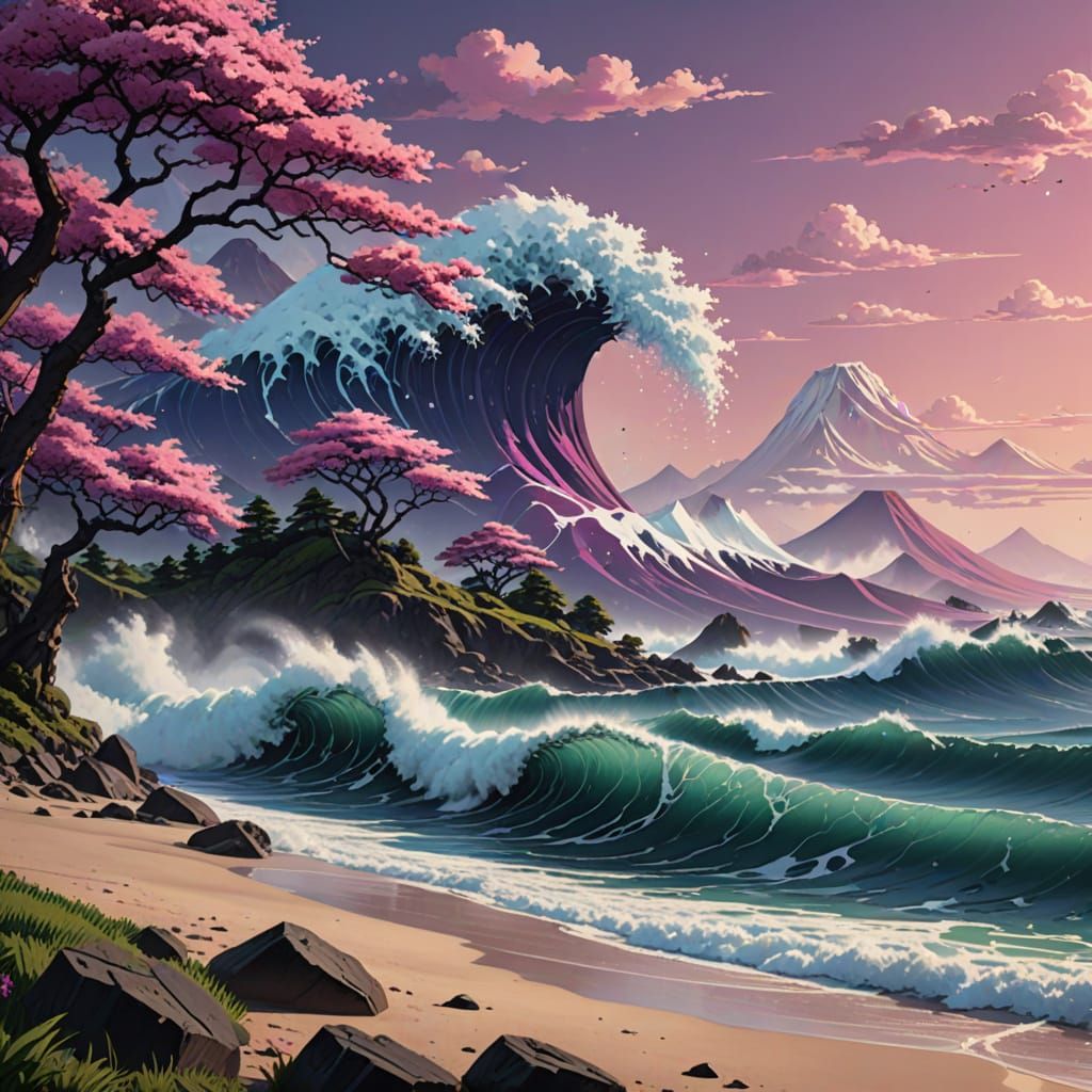Vibrant 16-bit Japanese Wave in Fantasy Pixel Art Style