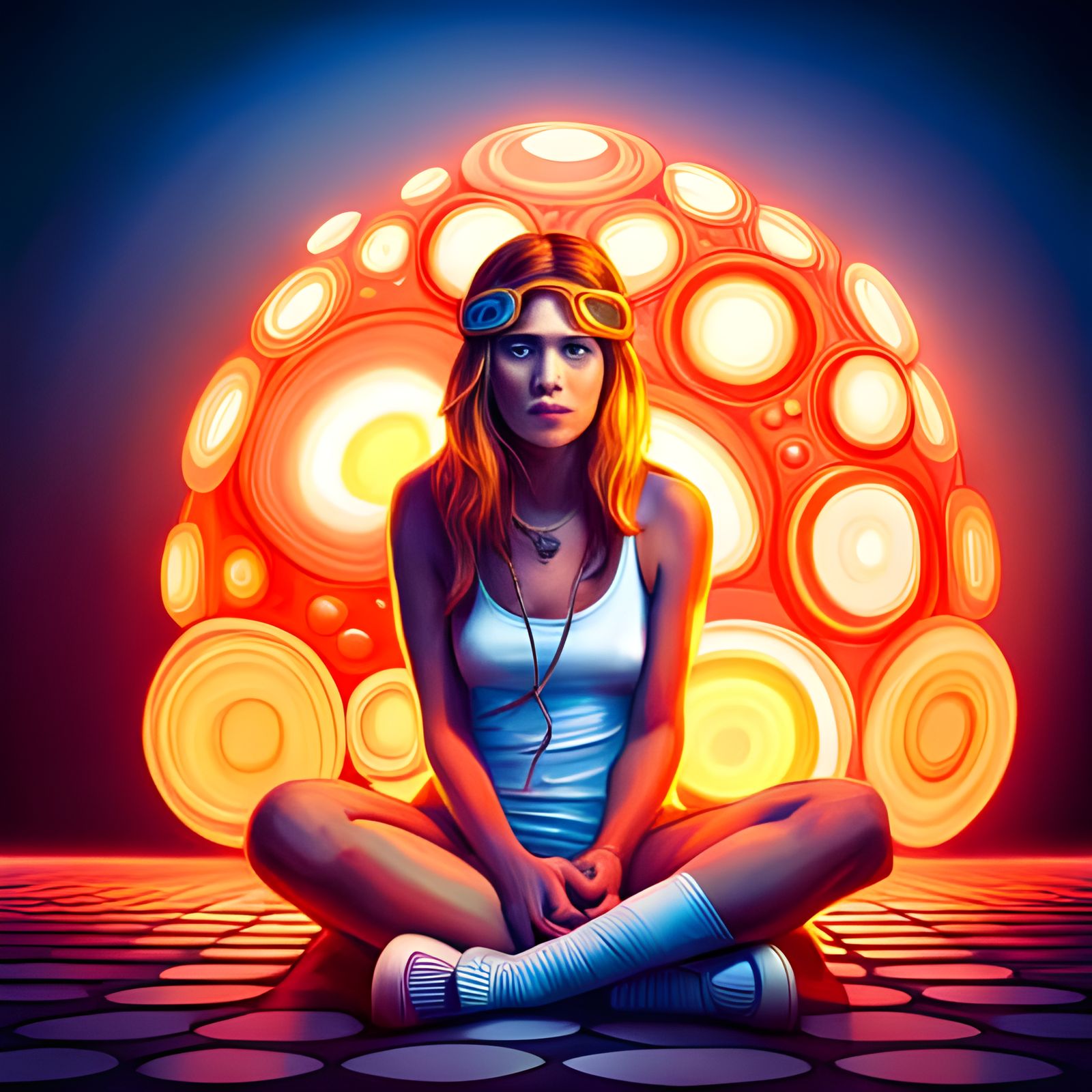 Psychedelic Hippie Girl with Lava Lamp in 70s Style