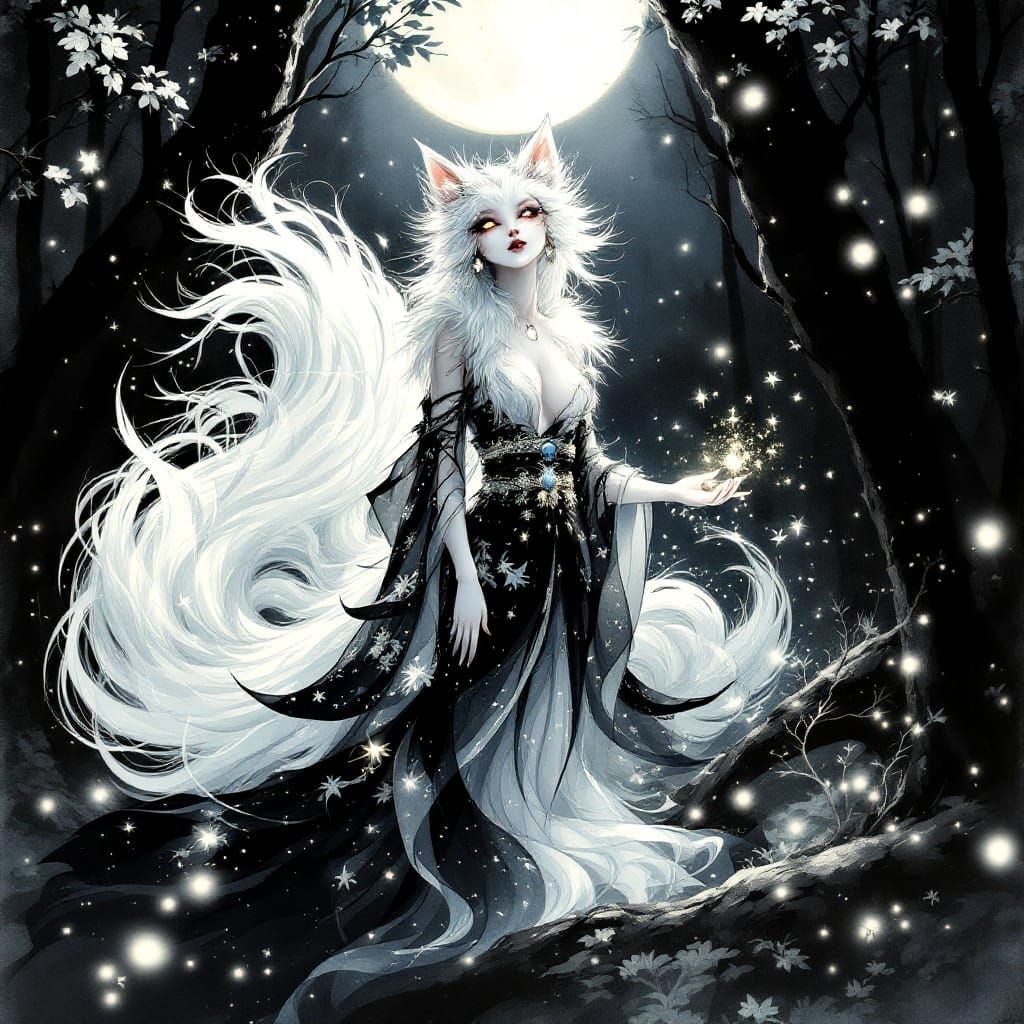 Ethereal Nine-Tailed Fox in Sumi-e Style