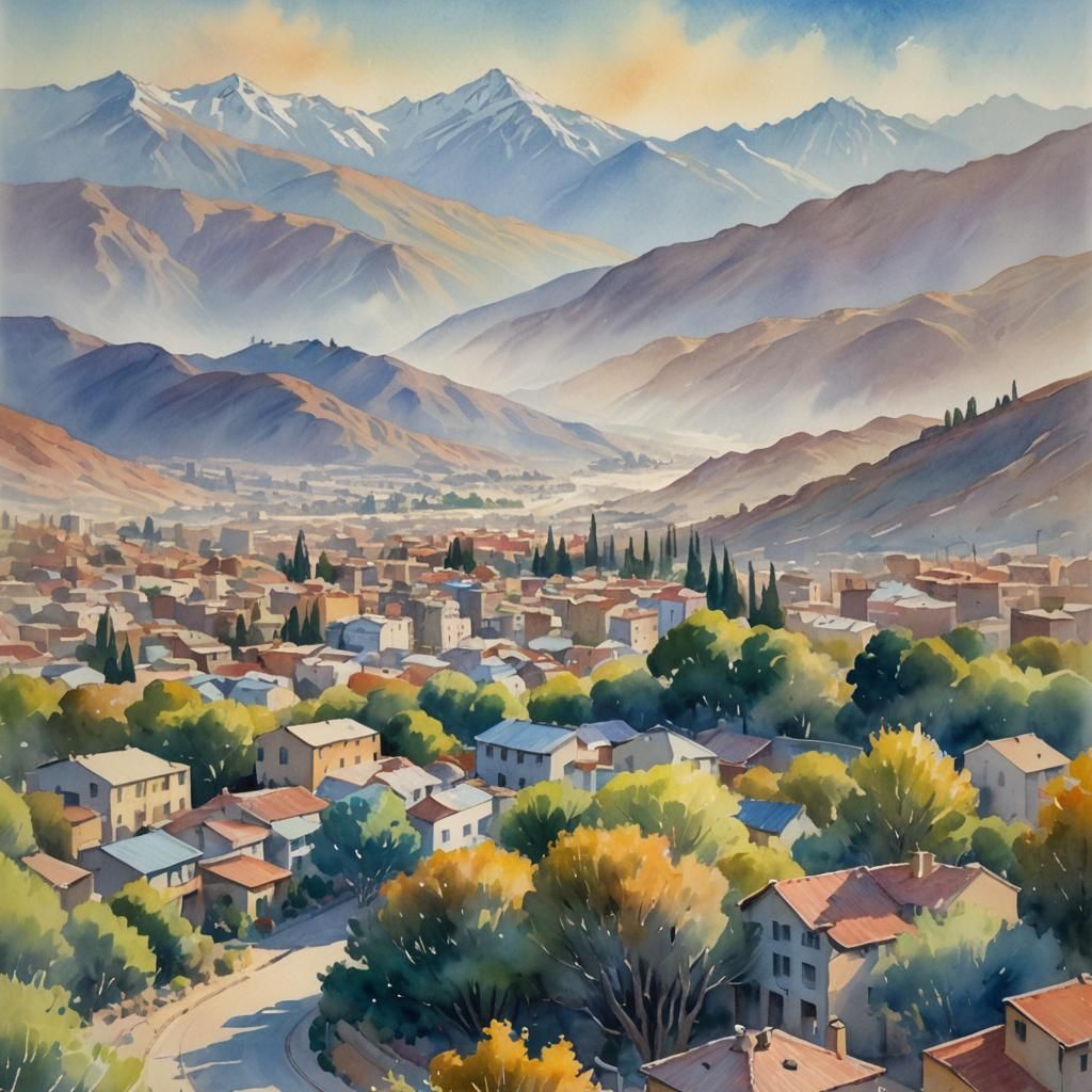 Santiago Chile Landscape in Impressionist Watercolor Style