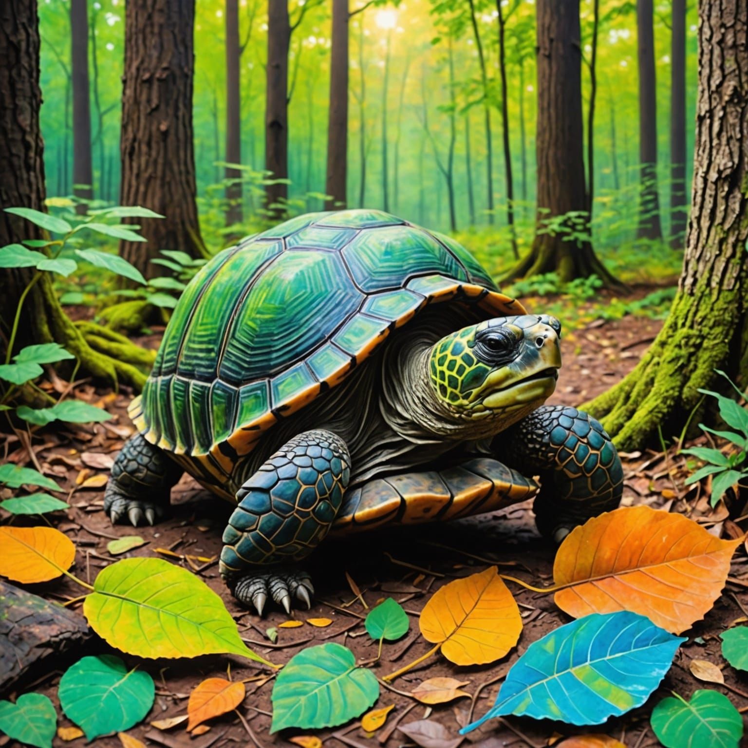 Tortoise Eating Leaf in Woods as Oil Pastel