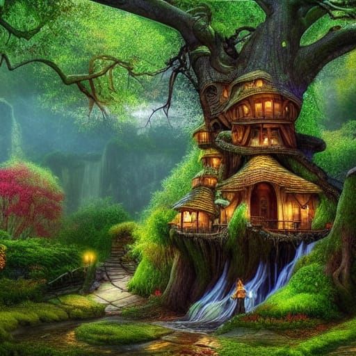 Fantasy Treehouse Architecture with Waterfalls