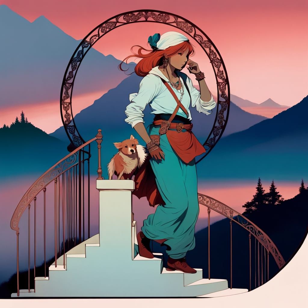 Couple Walking Grand Staircase in Art Nouveau Style