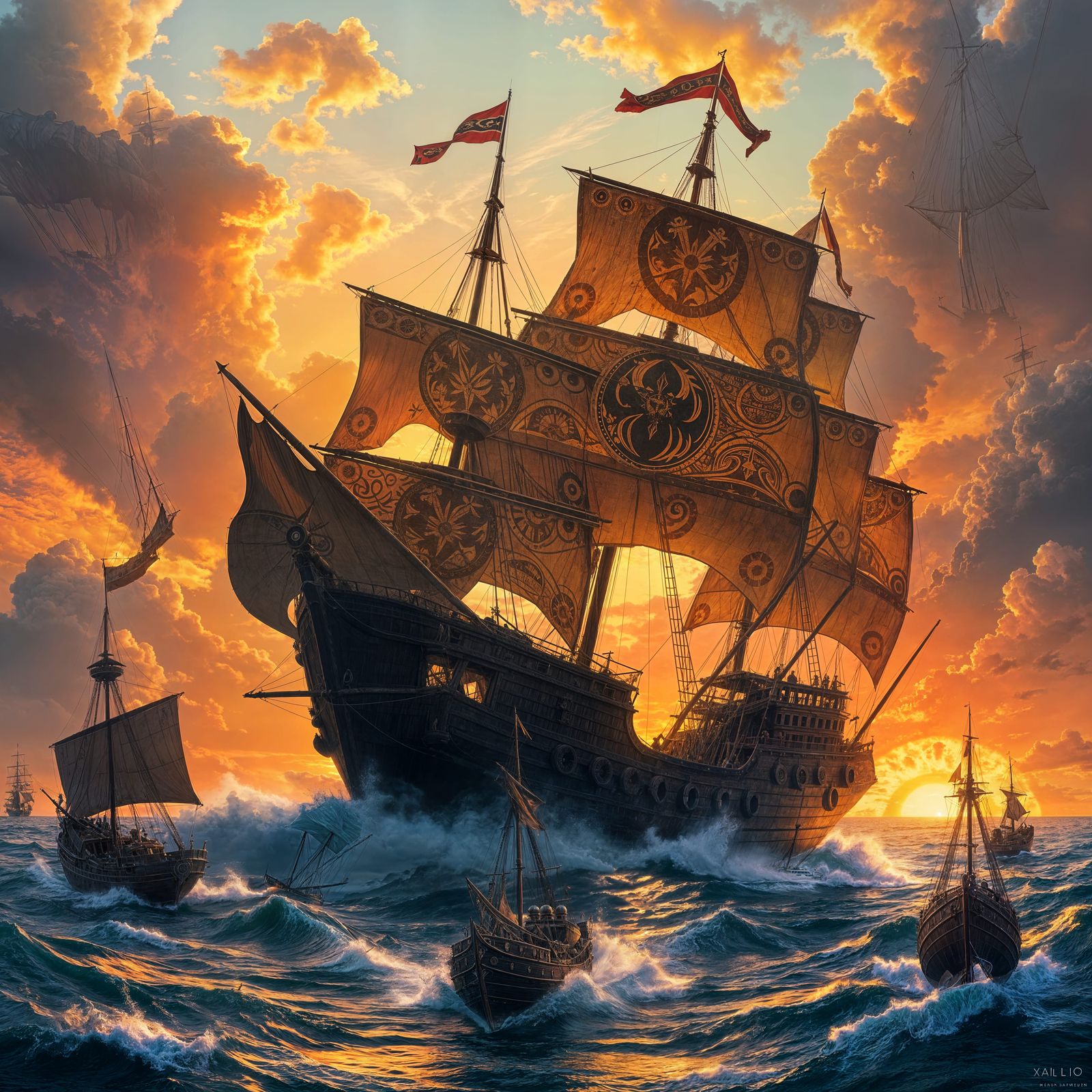 Polynesian War Galleon Destroying Galley at Sunset