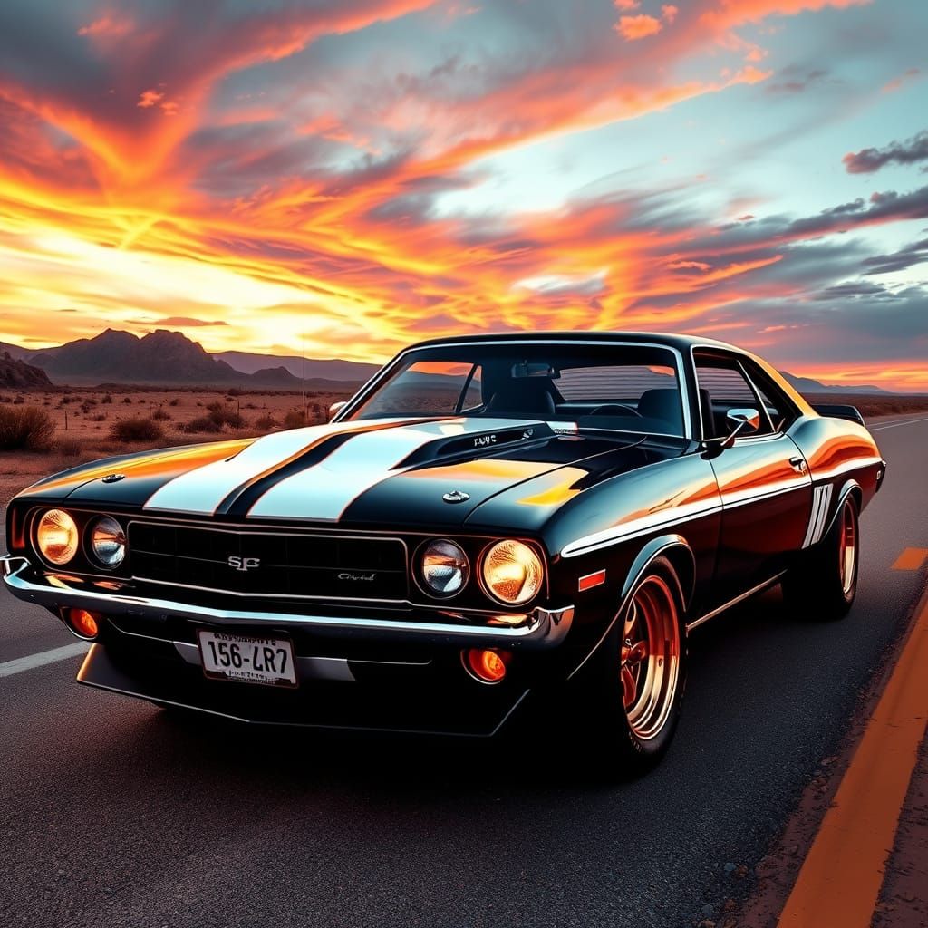 Hyperrealistic 1970 Muscle Car in Desert Sunset