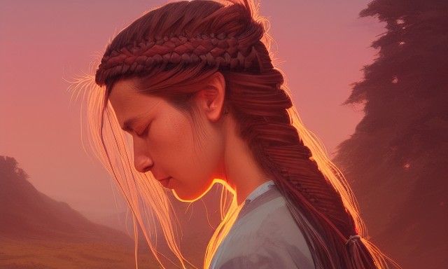 Native Woman with Braids at Dawn