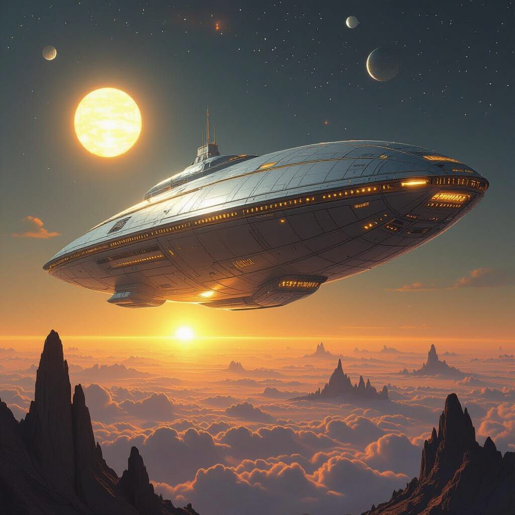 Silver and Gold Spaceship Approaches Earth