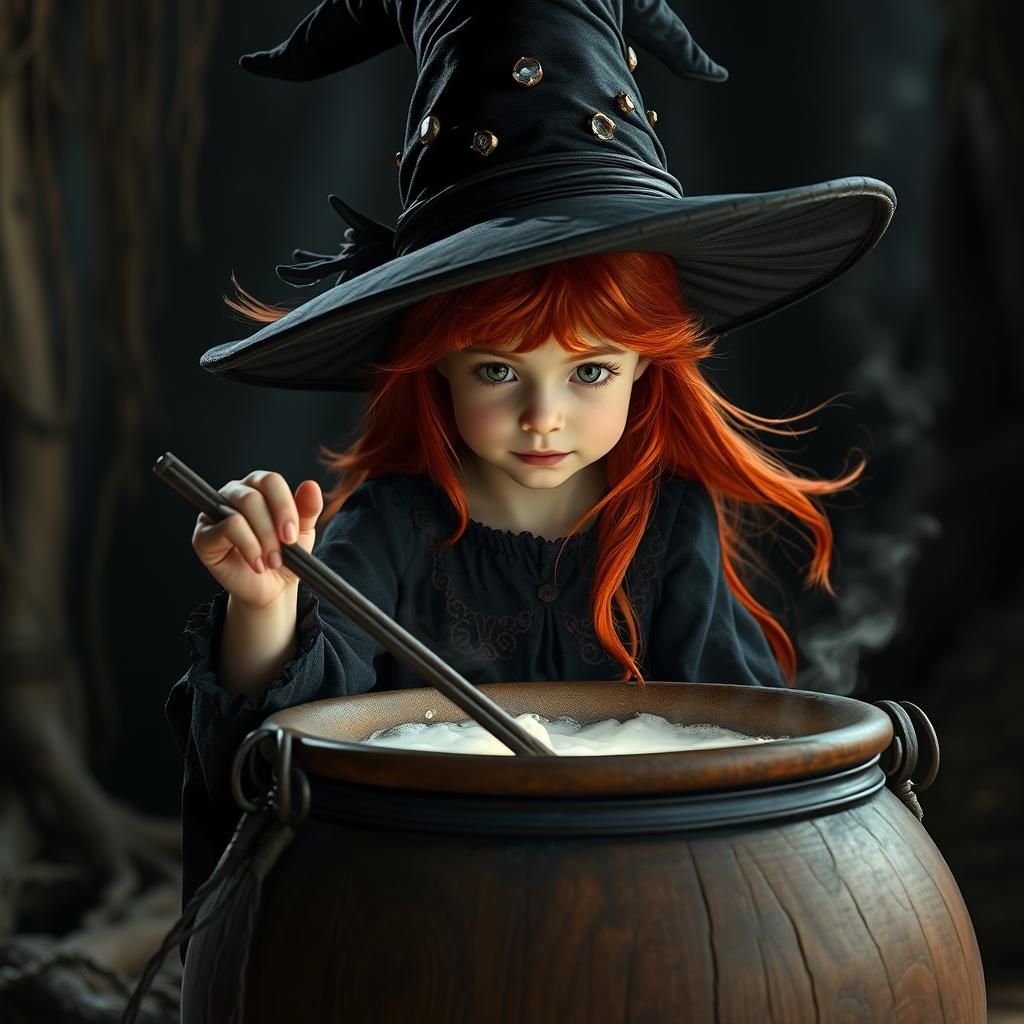 Young Witch Stirring Brew, Dark Fantasy Concept Art