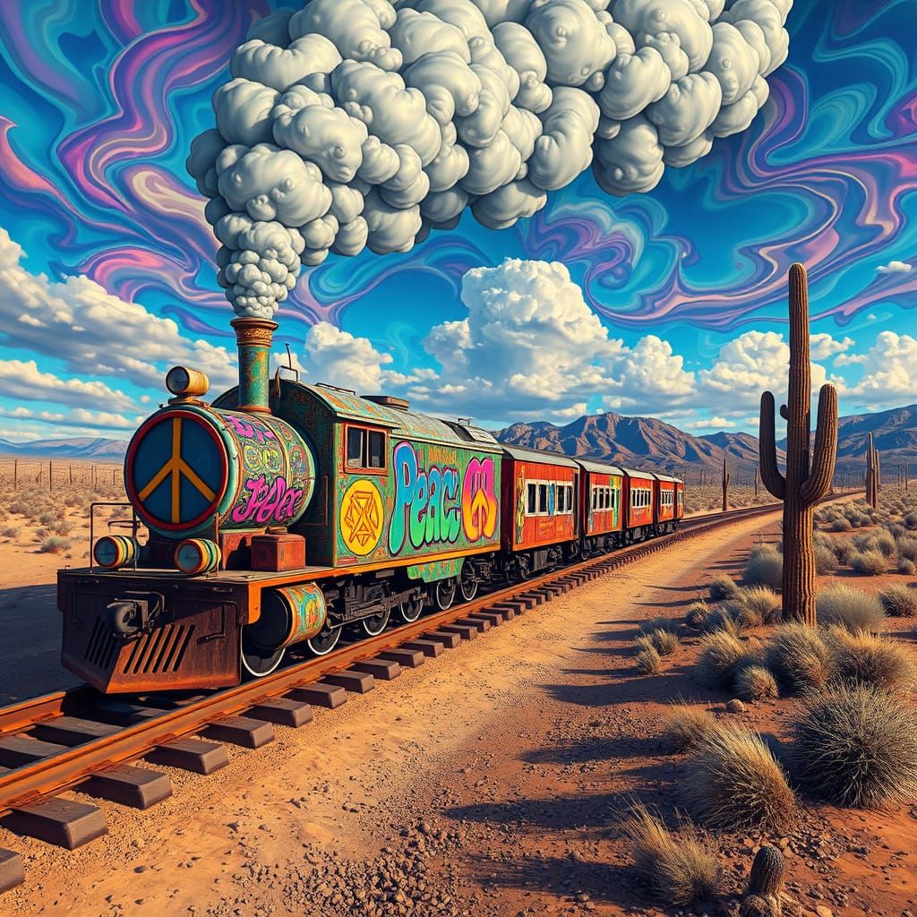 Psychedelic Peace Train Journey Through a Desert Landscape