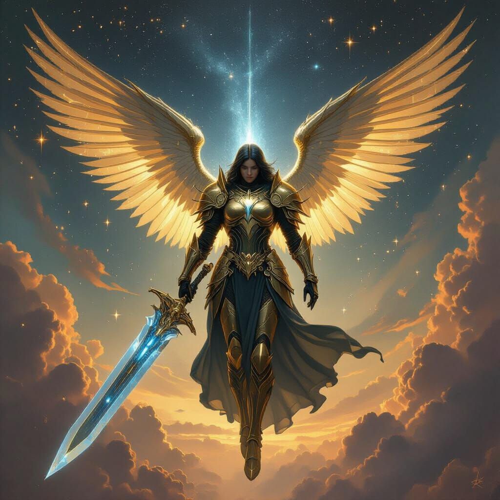 Celestial Angel Descends: Classic Oil Painting with Cosmic H...