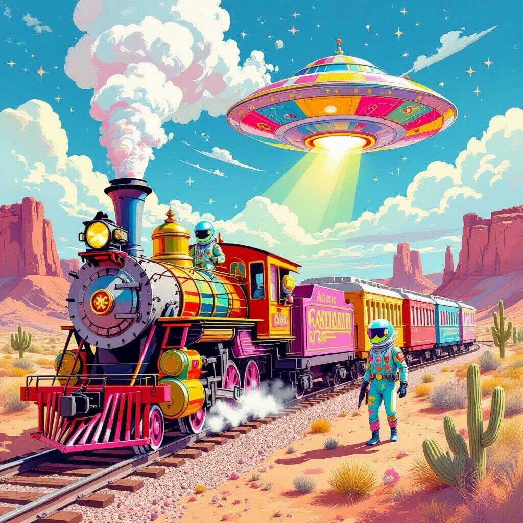 Alien Candyland Train Robbery in Gouache Style