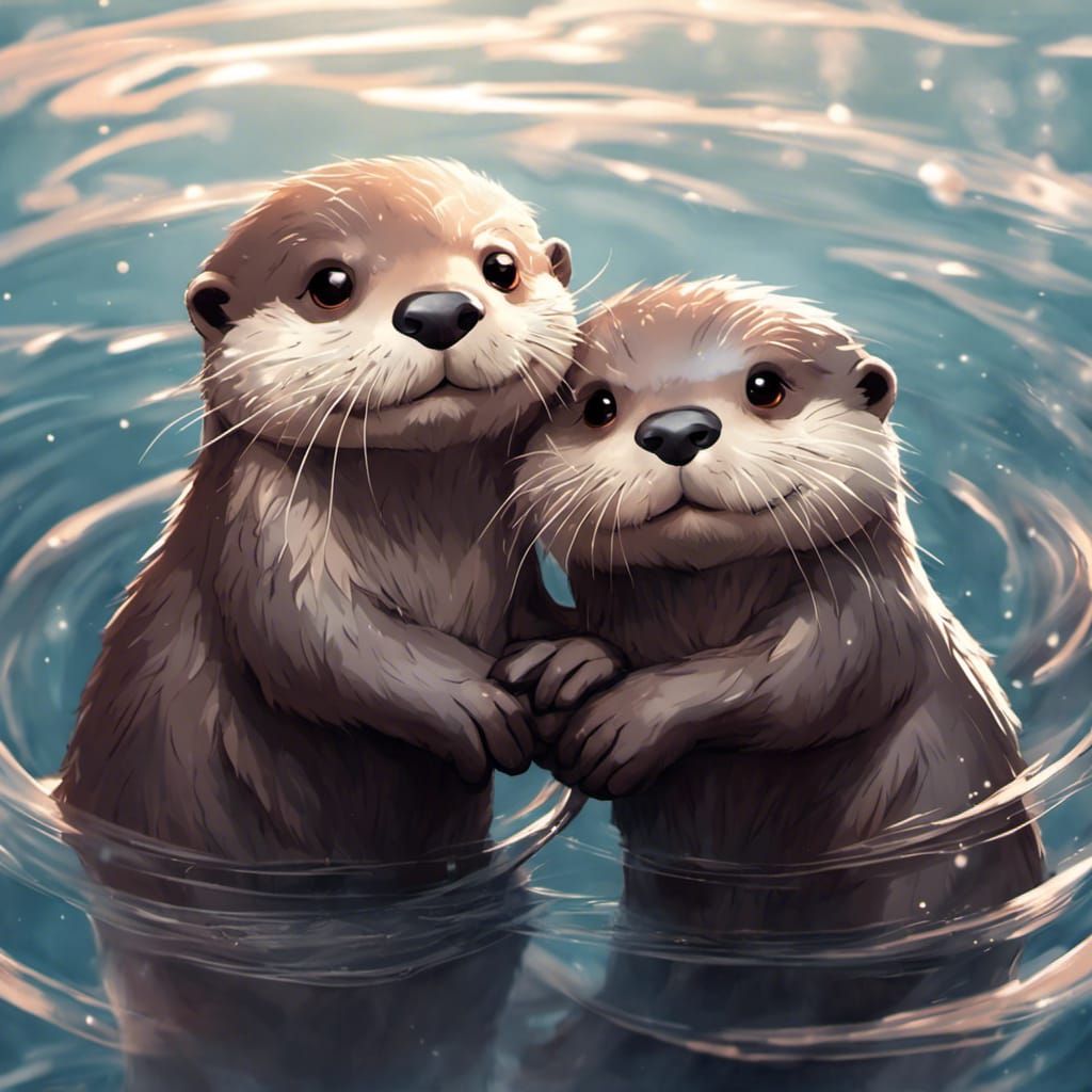 Fuzzy Kawaii Otters Holding Hands: Hyperrealistic Anime Art