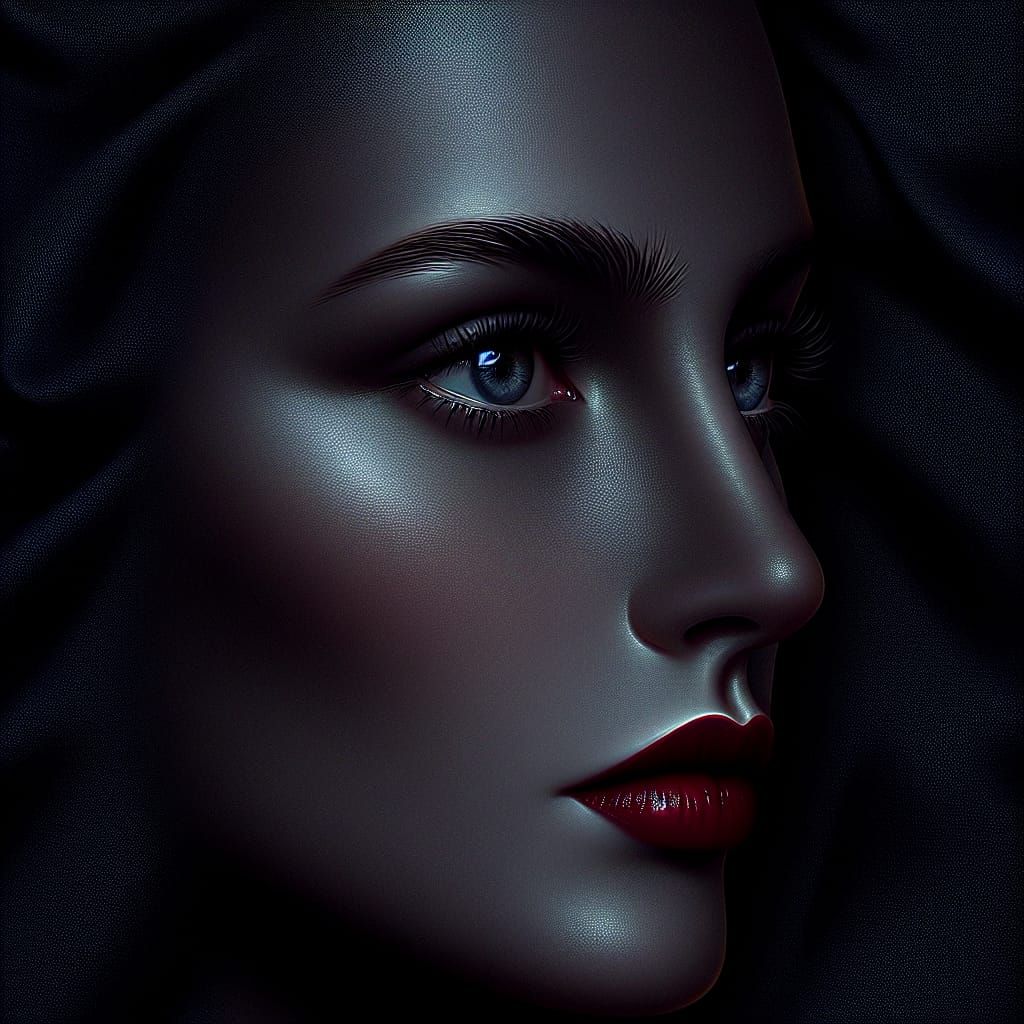 Matte Black Woman with Red Lips and Blue Eyes