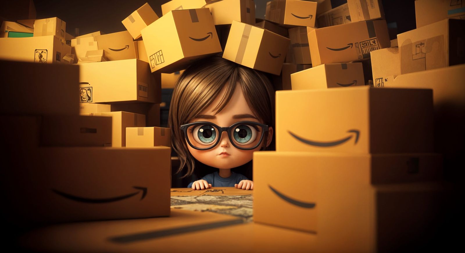 Overwhelmed Woman Surrounded by Amazon Packages