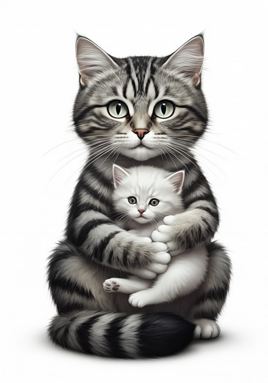 Whimsical Tabby Cat with Kitten in Black and White