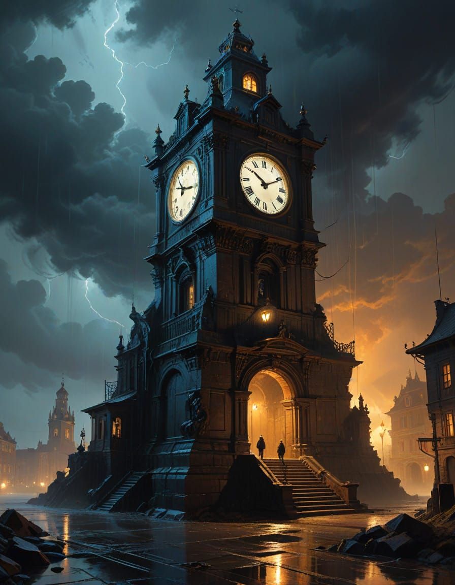Baroque Clock Tower Defies Tempest in Midnight Storm