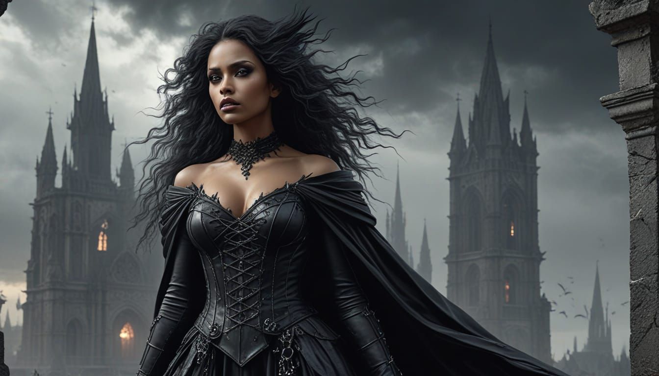 Gothic Raven Queen Overlooks Stormy Cityscape
