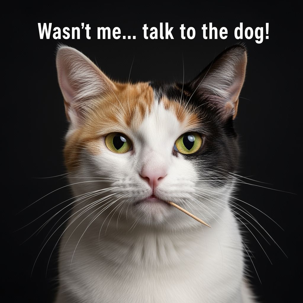 Sinister Calico Cat With Toothpick Looks Surprised