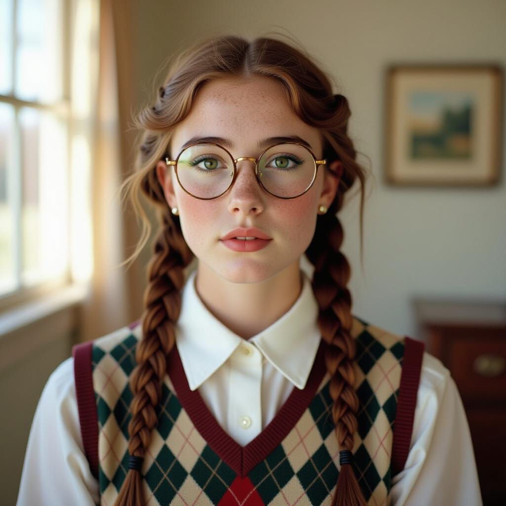 Nerdy Girl with Freckles and Argyle Sweater Vest