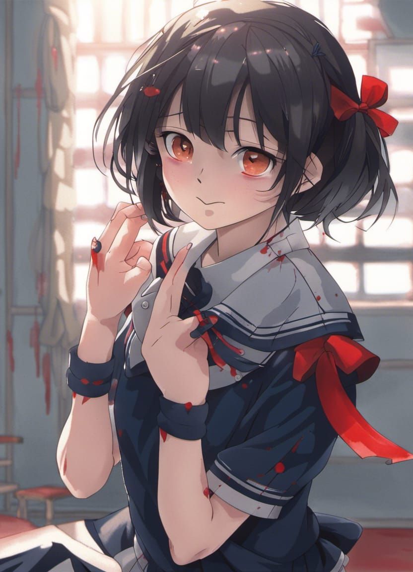 16k resolution, a girl in Japanese school uniform, a navy blue sailor top with a red ribbon, long navy blue pleated skir...
