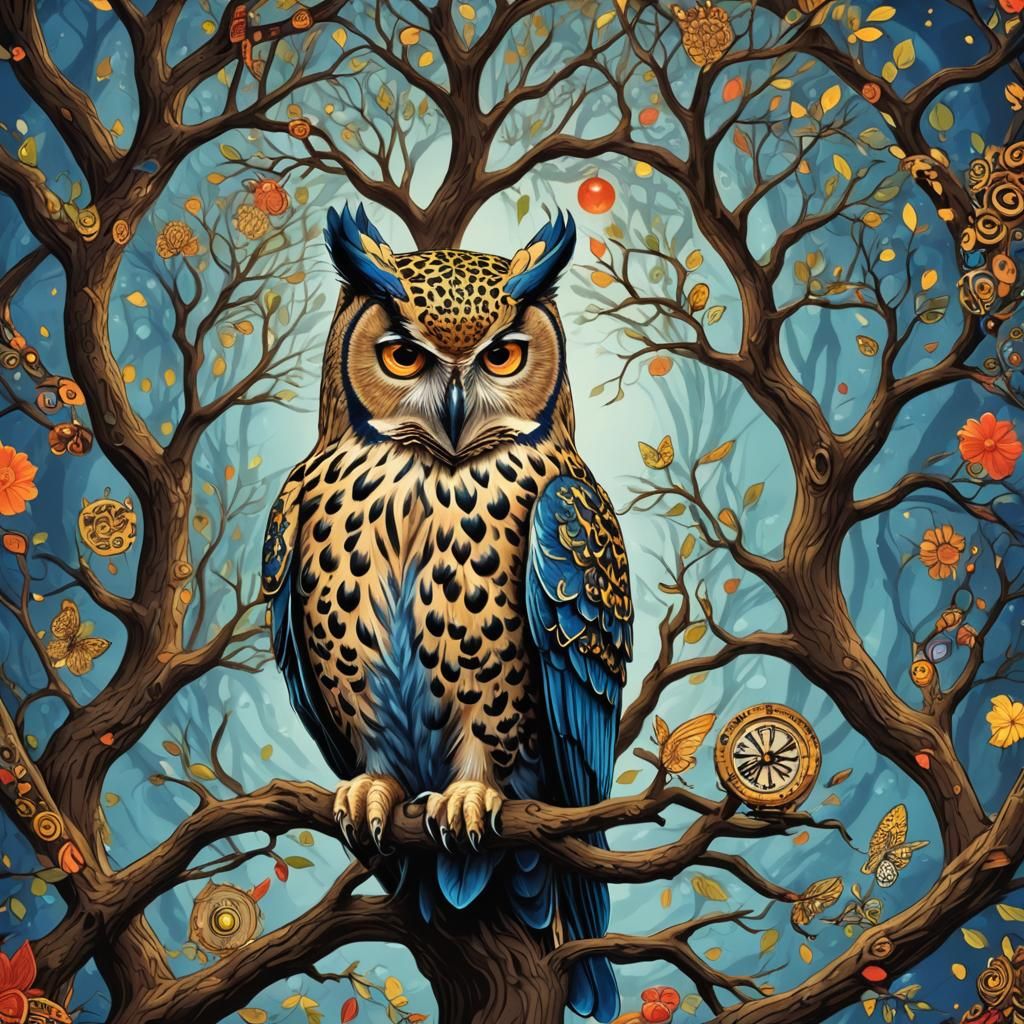 Blue Owl Leopard King Meditates on Eternity