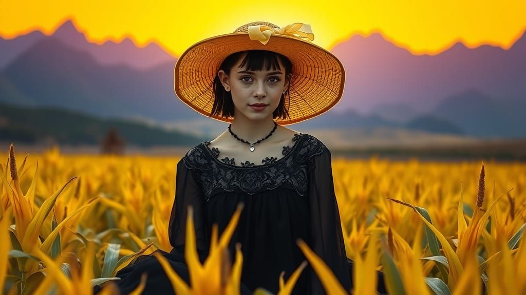 Woman in Cornfield with Purple Mountains