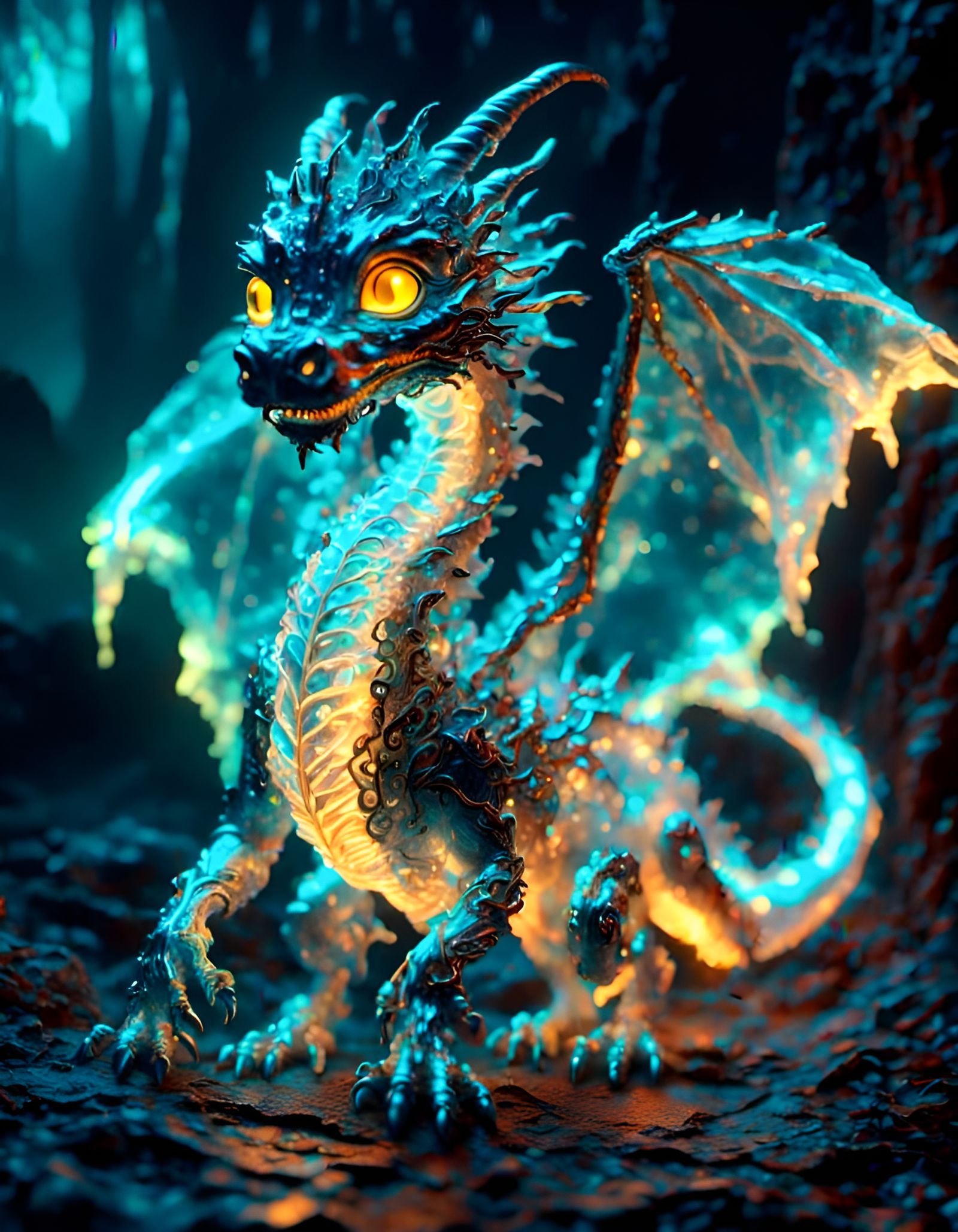 Bioluminescent Ghost Dragon in a Magical Environment