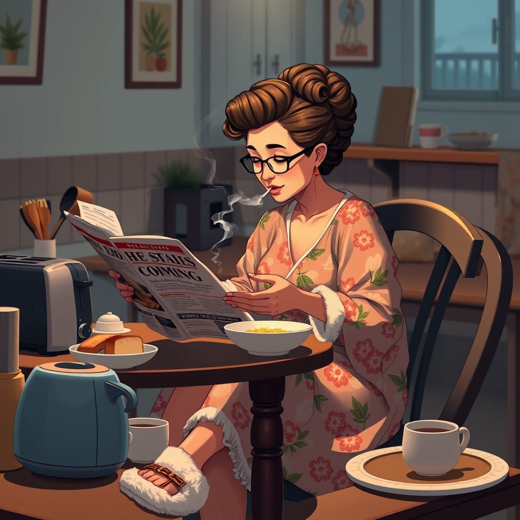 Elegant Aunty in Morning Routine, Anime-Style