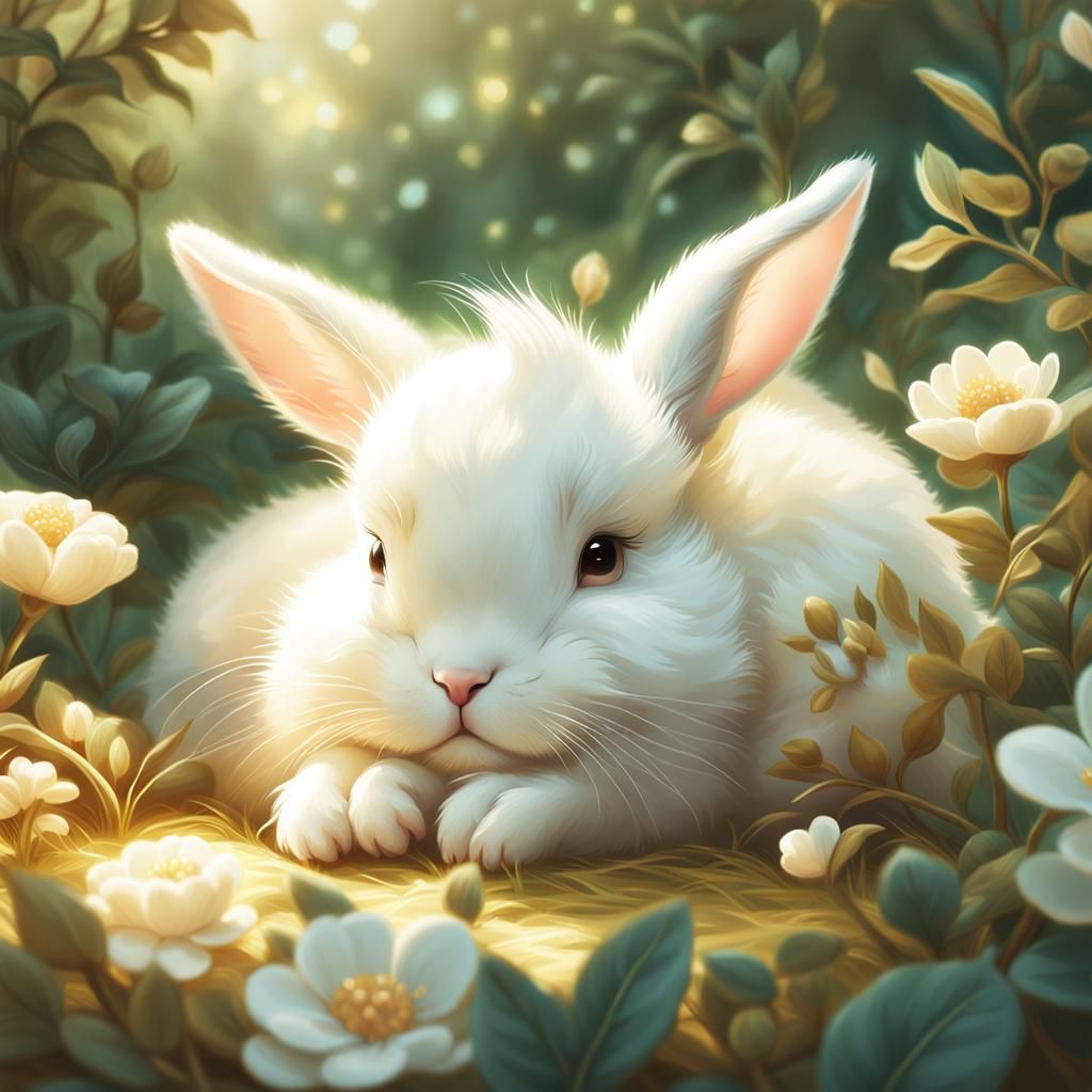 Sleeping White Rabbit in Rococo Digital Art
