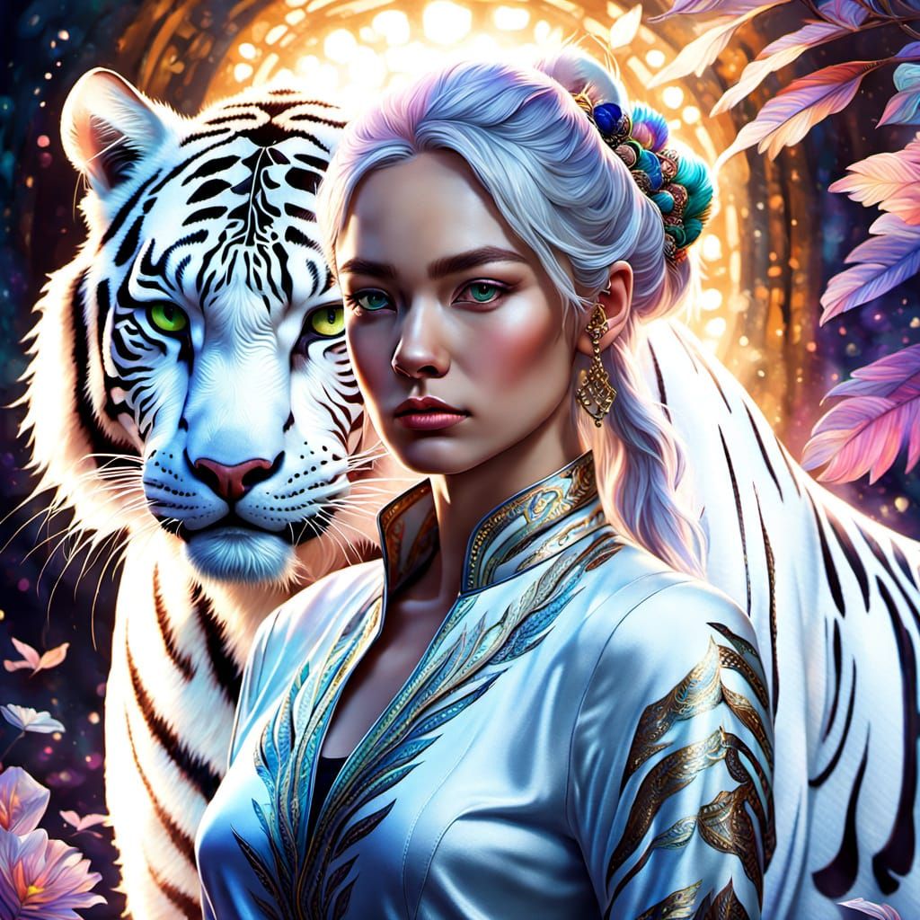 Woman and White Tiger-Dragon in Oil Painting Style