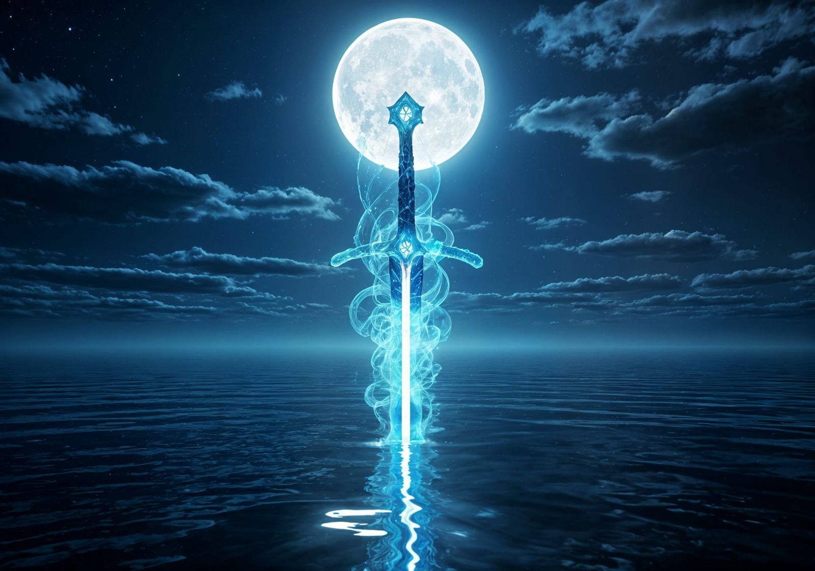 Mystical Blue Oxygen Sword Shines Under Full Moon