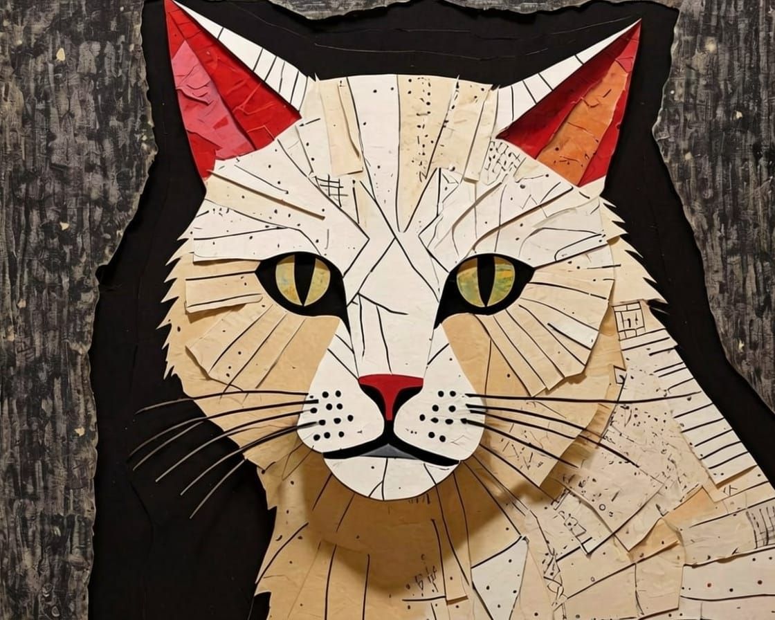 Jesus Cat Portrait in Mixed Media Paper Collage
