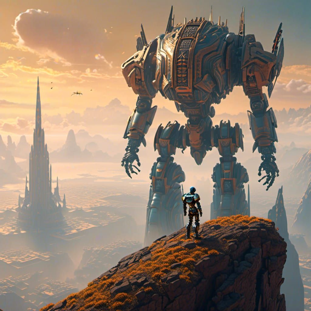 Afrofuturist Robot and Man on Mountain