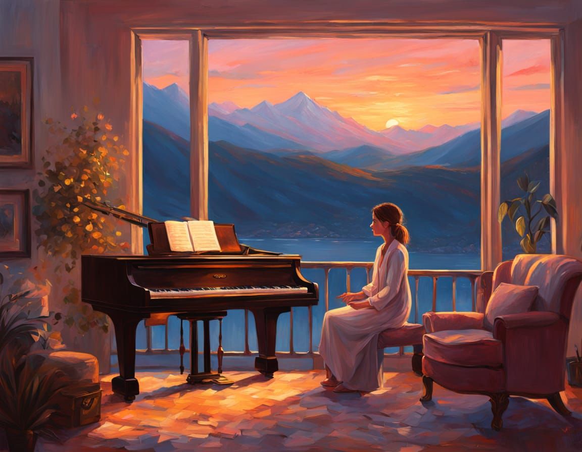 Woman in Pink Blazer Plays Piano with Mountain and Sea View