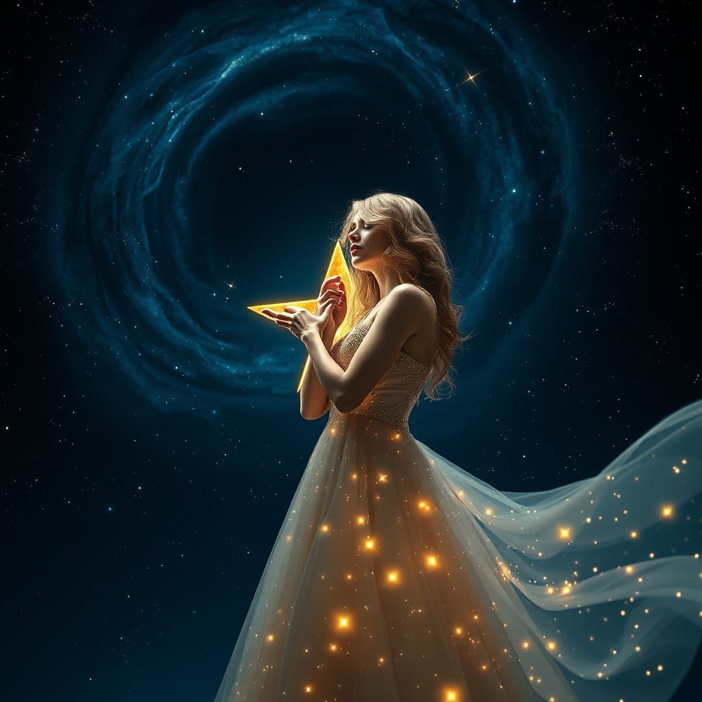 Taylor Swift Embracing a Celestial Star in Ethereal Gown