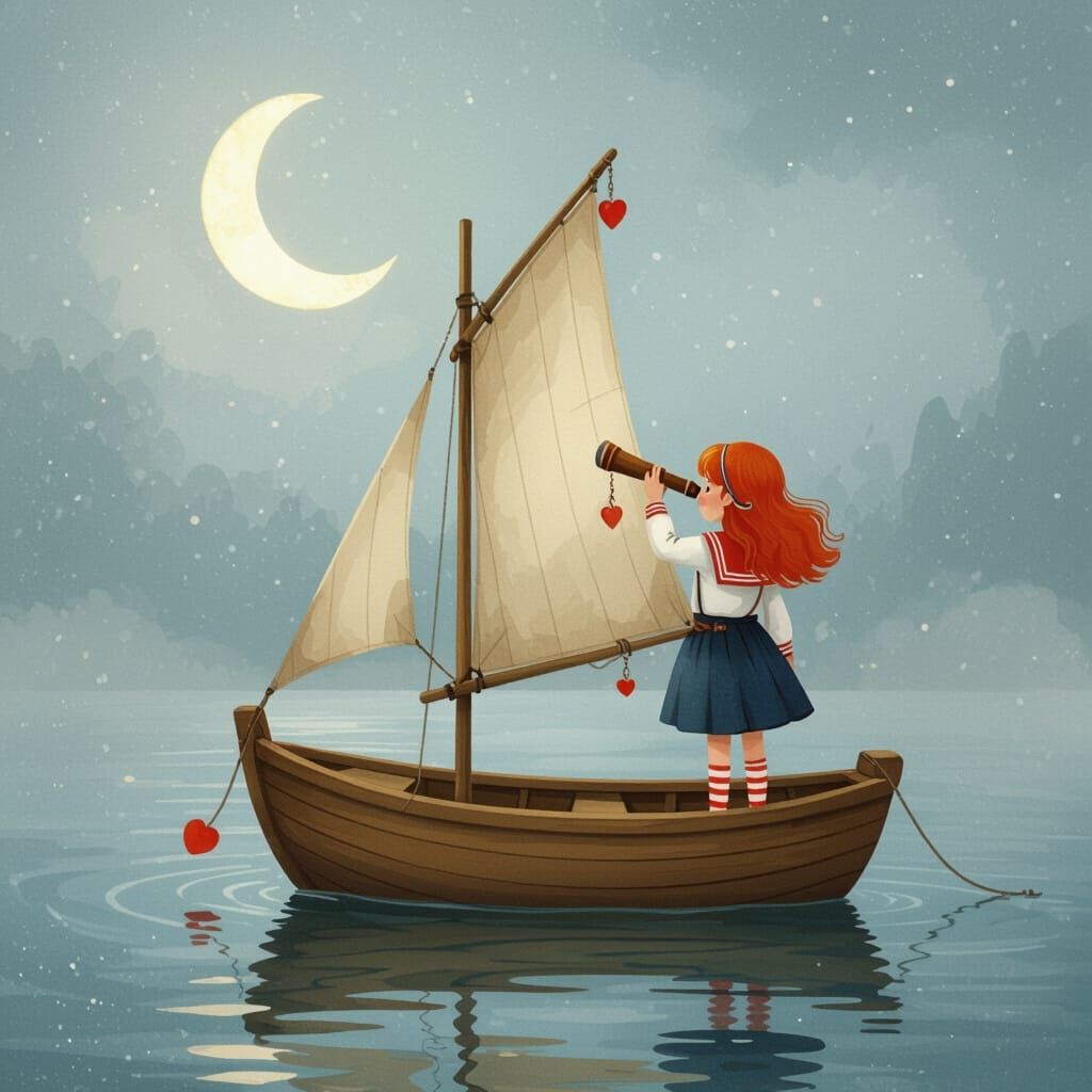 Dreamy Moon Boat Scene with Red-Haired Sailor Girl