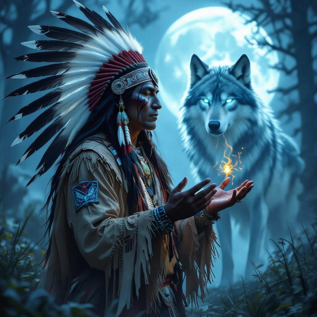 Dark Fantasy Shaman Performs Ancient Ritual Under Moonlit Fo...