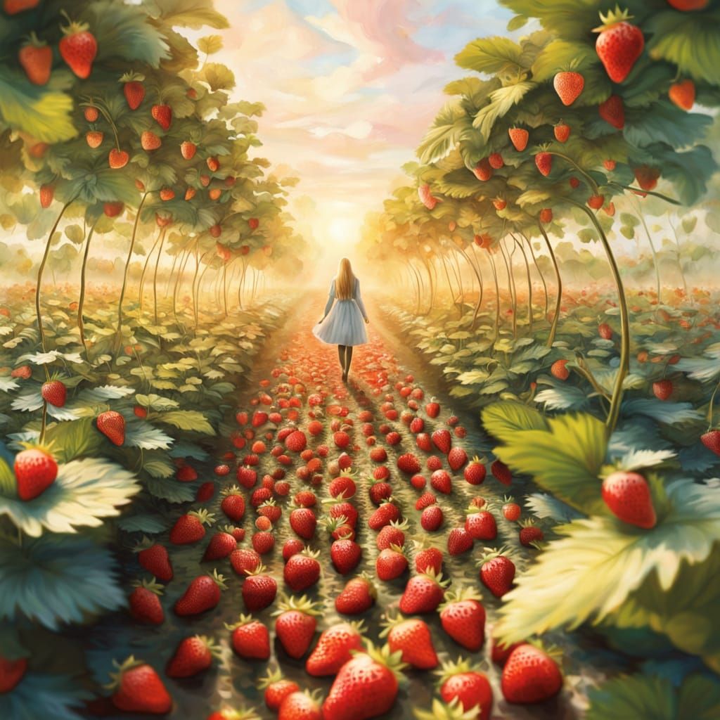 Ethereal Strawberry Field in Impressionist Style