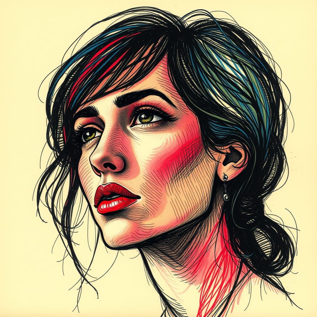 Expressive Portrait Drawing in Vibrant Crosshatching Style
