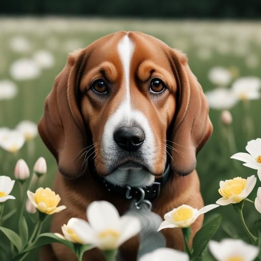Basset Hound Portrait in Flower Field, Man Ray Photography
