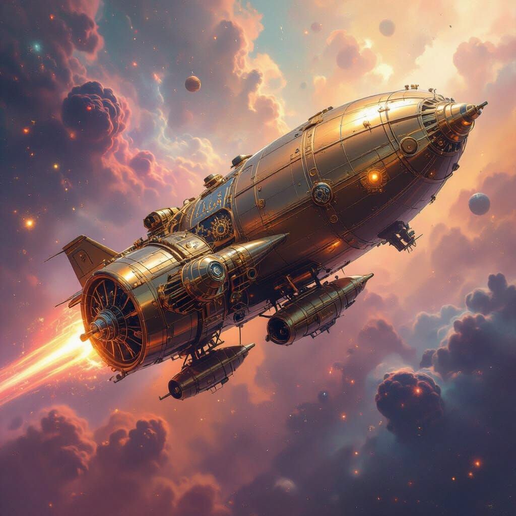 Clockwork Bomber in Cosmic Nebula Digital Painting