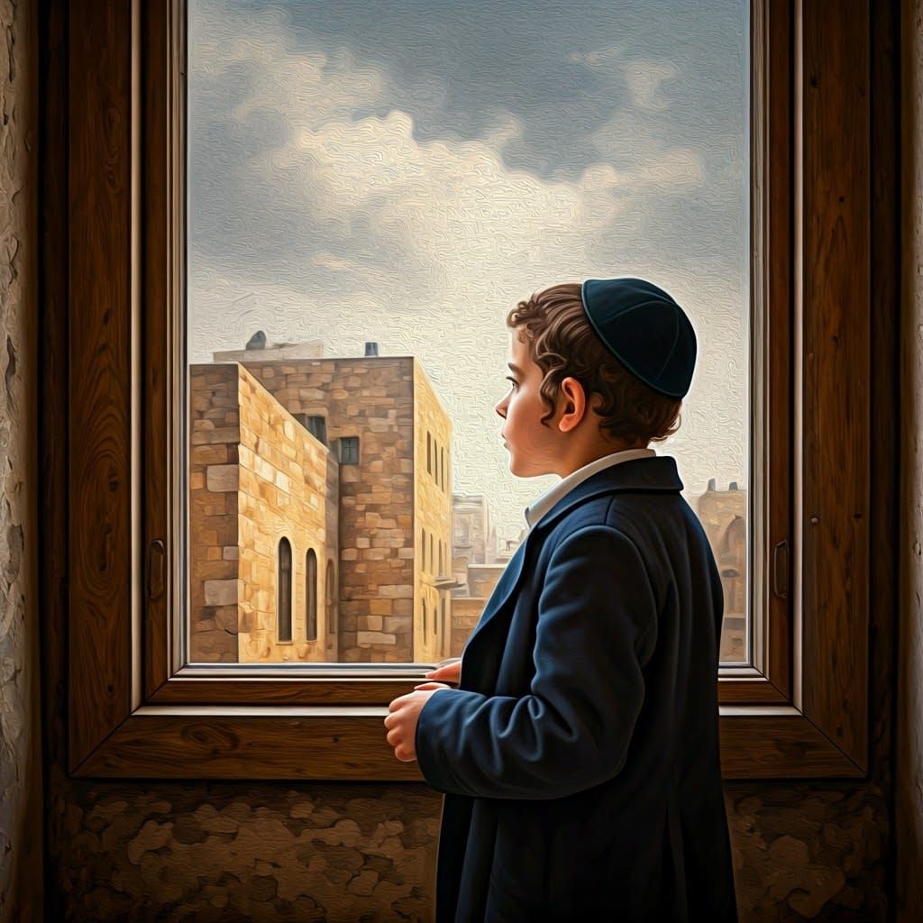 Young Haredi Boy Stands by Window in Mea Shearim, Anticipati...