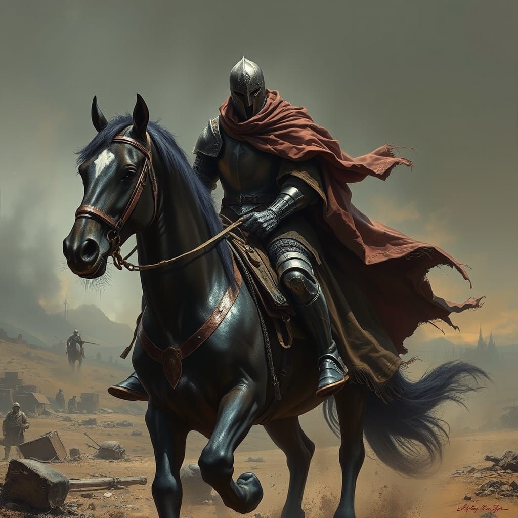 Brooding Knight Rides Through War-Torn Land